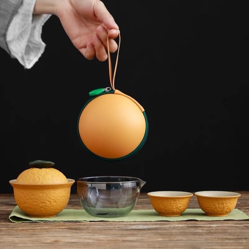 Orange Travel Tea Set with Lid Bowl, Tea Sea, 2 Tea Cups And Travel Bag, Suitable For Home And Outdoor Use