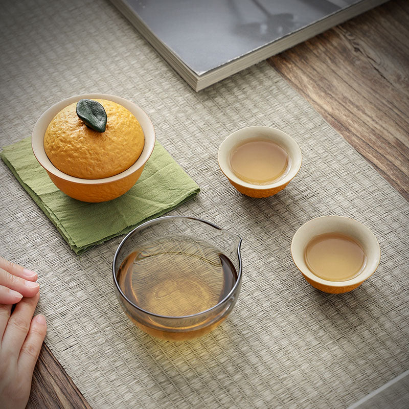 Orange Travel Tea Set with Lid Bowl, Tea Sea, 2 Tea Cups And Travel Bag, Suitable For Home And Outdoor Use