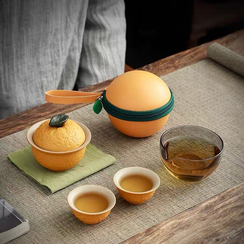 Orange Travel Tea Set with Lid Bowl, Tea Sea, 2 Tea Cups And Travel Bag, Suitable For Home And Outdoor Use