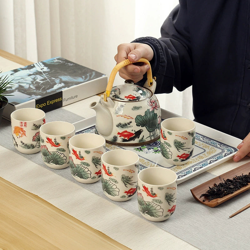 Ceramic Tea Set with 1 Teapot & 7 Cups, Lotus Koi Fish Pattern Chinese Style Teaware Cups for Home, Office, Gifting
