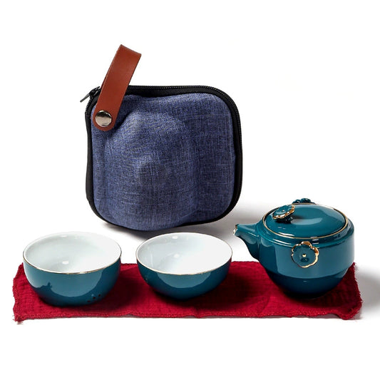 Cute Maneki - Neko Ceramic Travel Tea Set with Compact Size, One Teapot and Two Cups, Portable for Home, Office and Travel