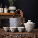 Vintage Floral Ceramic Travel Tea Set,Hand-painted Chinese Tea Kit for Travel, Office & Gifting