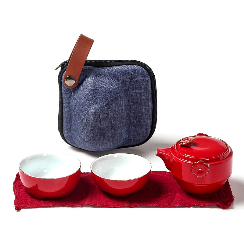 Cute Maneki - Neko Ceramic Travel Tea Set with Compact Size, One Teapot and Two Cups, Portable for Home, Office and Travel