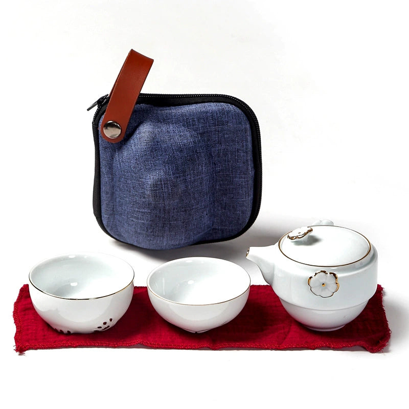 Cute Maneki - Neko Ceramic Travel Tea Set with Compact Size, One Teapot and Two Cups, Portable for Home, Office and Travel