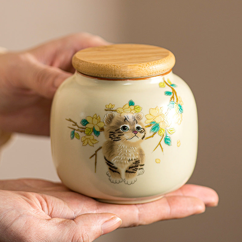 Cute Cat Patterned Ceramic Tea Jar, Tea Storage Jar, Sealed Jar, Storage Jar, Capacity 200ML, Suitable For Loose Leaf Tea, Spices, Coffee Beans