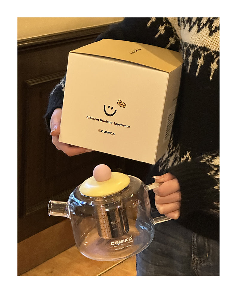 COMIKA Cute Glass Teapot with Yellow Pink Lid, 1L Heat-Resistant Stovetop Safe Glass Kettle for Blooming Tea, Loose Leaf Tea Brewing, Stylish Tea Maker for Home & Kitchen