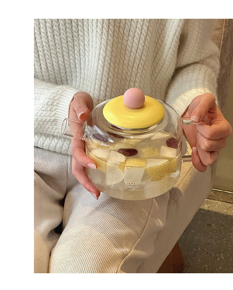 COMIKA Cute Glass Teapot with Yellow Pink Lid, 1L Heat-Resistant Stovetop Safe Glass Kettle for Blooming Tea, Loose Leaf Tea Brewing, Stylish Tea Maker for Home & Kitchen