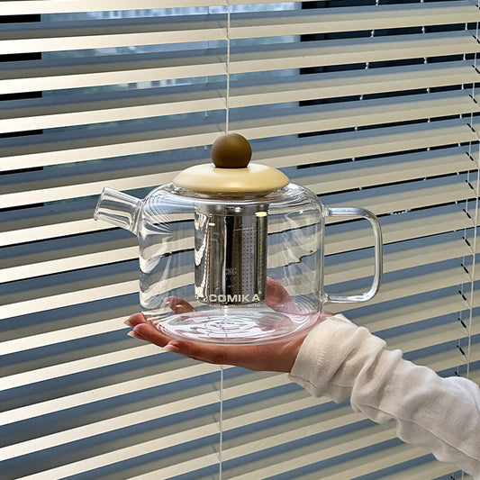 COMIKA Cute Glass Teapot with Yellow Pink Lid, 1L Heat-Resistant Stovetop Safe Glass Kettle for Blooming Tea, Loose Leaf Tea Brewing, Stylish Tea Maker for Home & Kitchen
