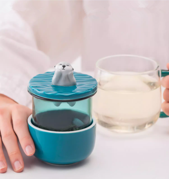 Sea Otter Glass Mugs Double Wall Tea Cup Cartoon Animal Filter Mug Gift