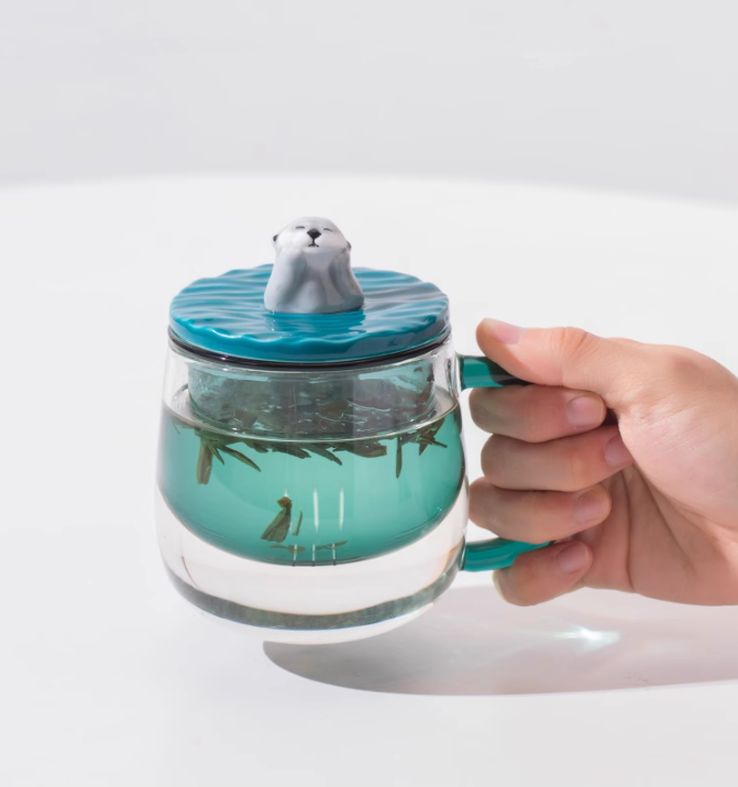 Sea Otter Glass Mugs Double Wall Tea Cup Cartoon Animal Filter Mug Gift