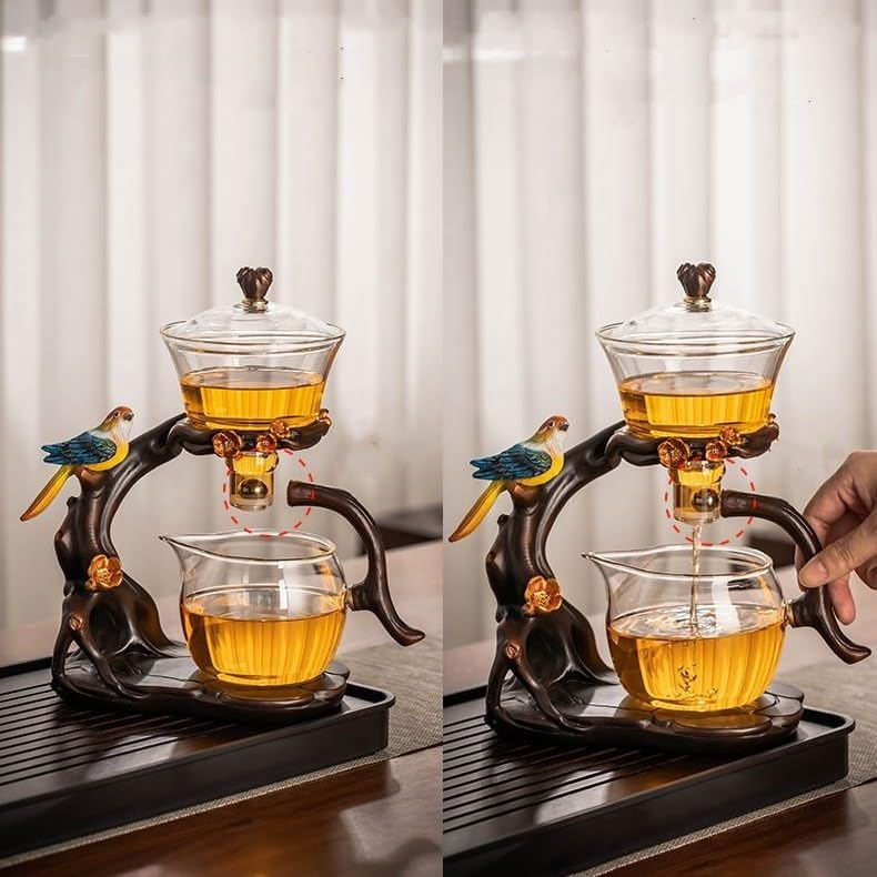 RORA Lazy Kungfu Glass Tea Set Creative Bird Semi Automatic Drip Diversion Rotating Bowl with Infuser Teapot Set ( with 6pcs cups)