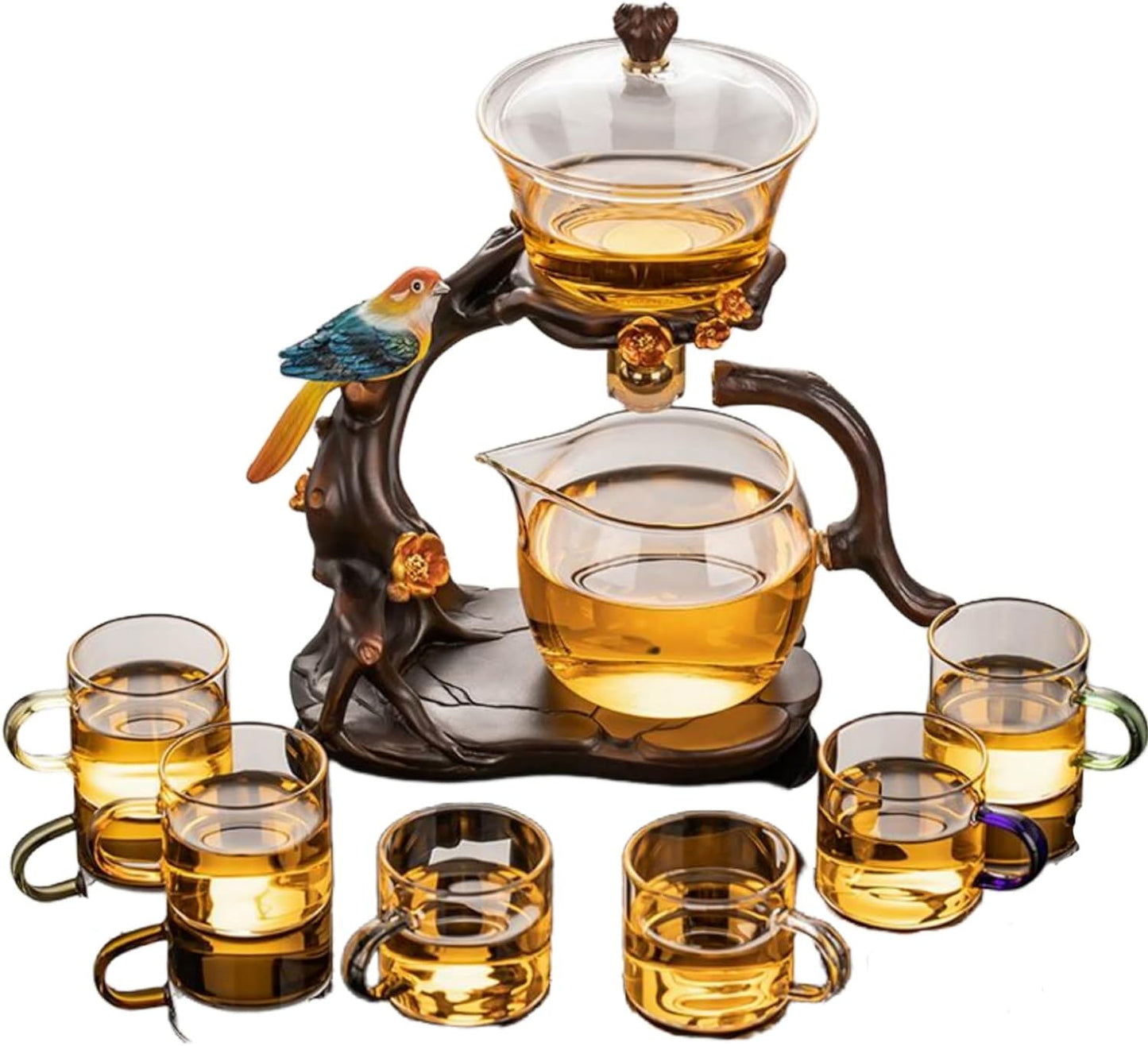 RORA Lazy Kungfu Glass Tea Set Creative Bird Semi Automatic Drip Diversion Rotating Bowl with Infuser Teapot Set ( with 6pcs cups)