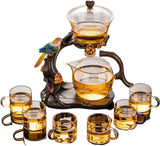 RORA Lazy Kungfu Glass Tea Set Creative Bird Semi Automatic Drip Diversion Rotating Bowl with Infuser Teapot Set ( with 6pcs cups)
