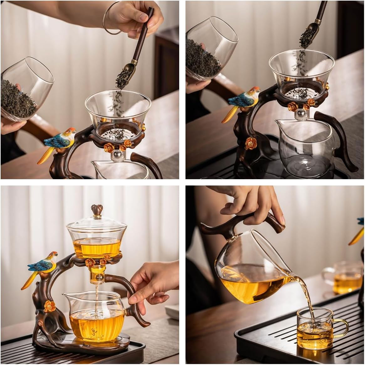 RORA Lazy Kungfu Glass Tea Set Creative Bird Semi Automatic Drip Diversion Rotating Bowl with Infuser Teapot Set ( with 6pcs cups)