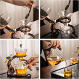RORA Lazy Kungfu Glass Tea Set Creative Bird Semi Automatic Drip Diversion Rotating Bowl with Infuser Teapot Set ( with 6pcs cups)