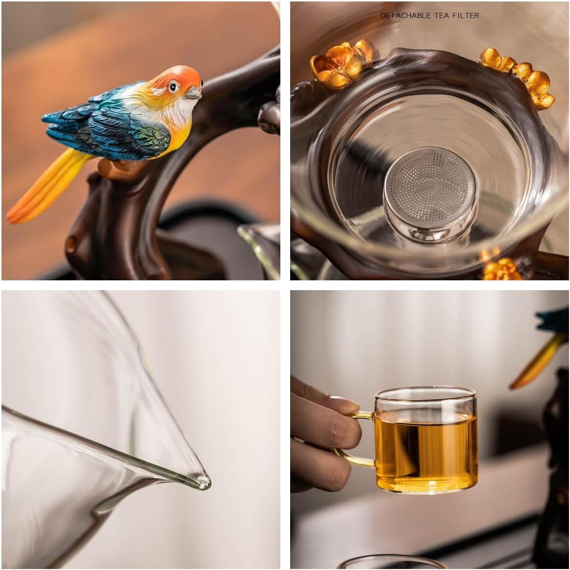 RORA Lazy Kungfu Glass Tea Set Creative Bird Semi Automatic Drip Diversion Rotating Bowl with Infuser Teapot Set ( with 6pcs cups)