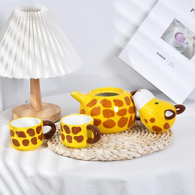 Giraffe Ceramic Teapot Cute Cartoon Yellow Tea Set with 2 Cups