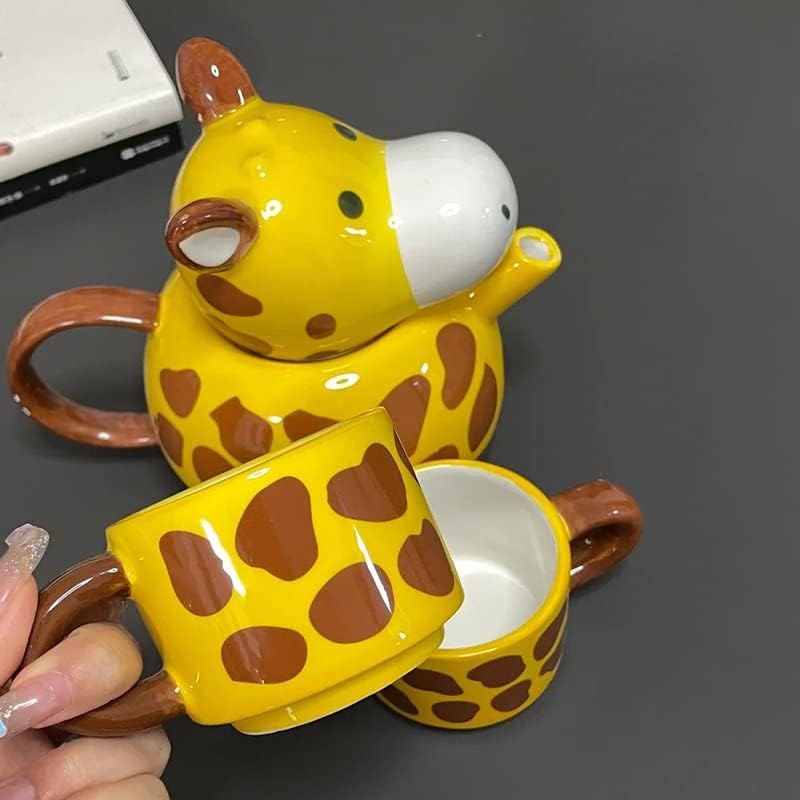 Giraffe Ceramic Teapot Cute Cartoon Yellow Tea Set with 2 Cups