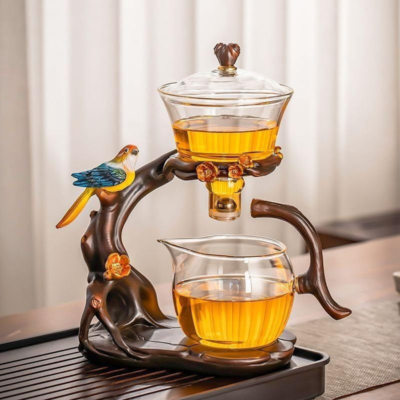 RORA Lazy Kungfu Glass Tea Set Creative Bird Semi Automatic Drip Diversion Rotating Bowl with Infuser Teapot Set ( with 6pcs cups)