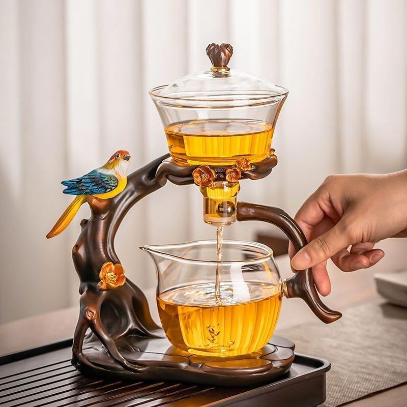 RORA Lazy Kungfu Glass Tea Set Creative Bird Semi Automatic Drip Diversion Rotating Bowl with Infuser Teapot Set ( with 6pcs cups)