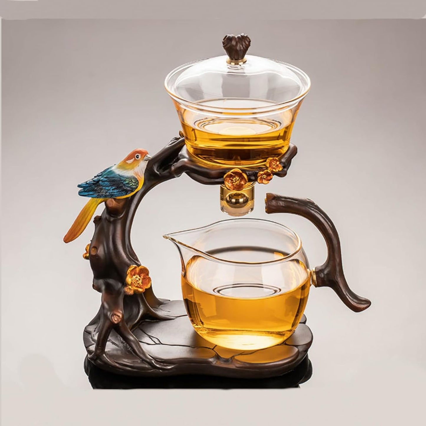 RORA Lazy Kungfu Glass Tea Set Creative Bird Semi Automatic Drip Diversion Rotating Bowl with Infuser Teapot Set ( with 6pcs cups)