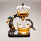 RORA Lazy Kungfu Glass Tea Set Creative Bird Semi Automatic Drip Diversion Rotating Bowl with Infuser Teapot Set ( with 6pcs cups)