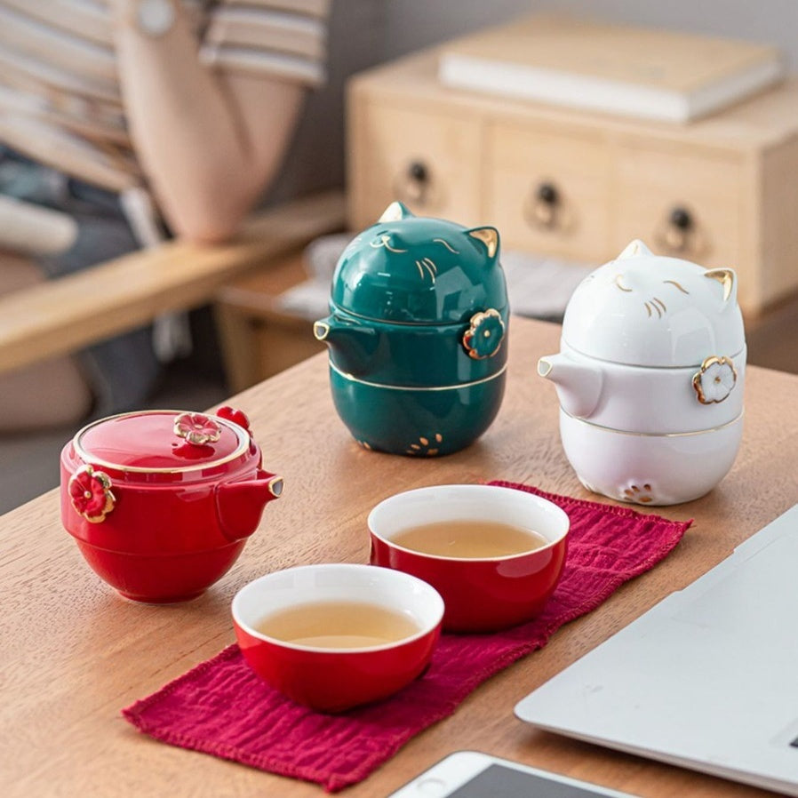 Cute Maneki - Neko Ceramic Travel Tea Set with Compact Size, One Teapot and Two Cups, Portable for Home, Office and Travel