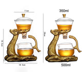 RORA gold deer tea sets side by side with a dimension diagram on white background