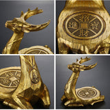 RORA gold deer figurine stand shown from four angles, Chinese coin and deity pendant
