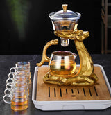 RORA gold deer tea set with glass infuser, dragon-handle pitcher and six cups on a tray