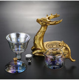 RORA gold deer tea set components with iridescent glass infuser, dragon handle and strainer