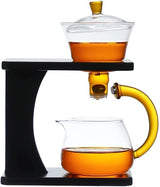 RORA glass tea brewing set with amber-handle pitcher on a black wooden stand, white background