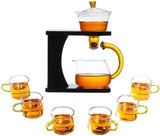 RORA glass tea set with black C-shaped stand, steeping bowl and six cups on white