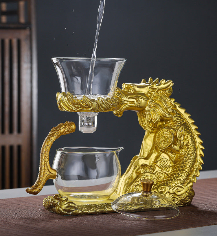 طقم شاي زجاجي من RORA Lazy Kungfu طقم شاي مغناطيسي لتحويل المياه غطاء دوار وعاء شبه أوتوماتيكي من الزجاج والكريستال بدلة إبريق شاي