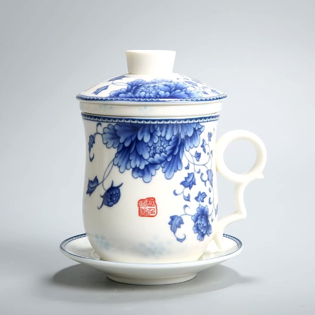 Chinese Jingdezhen Ceramics Teacup with Infuser Lid and Saucer Sets