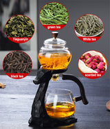 RORA glass tea set with insets of five tea types: Tieguanyin, green, white, black and scented tea
