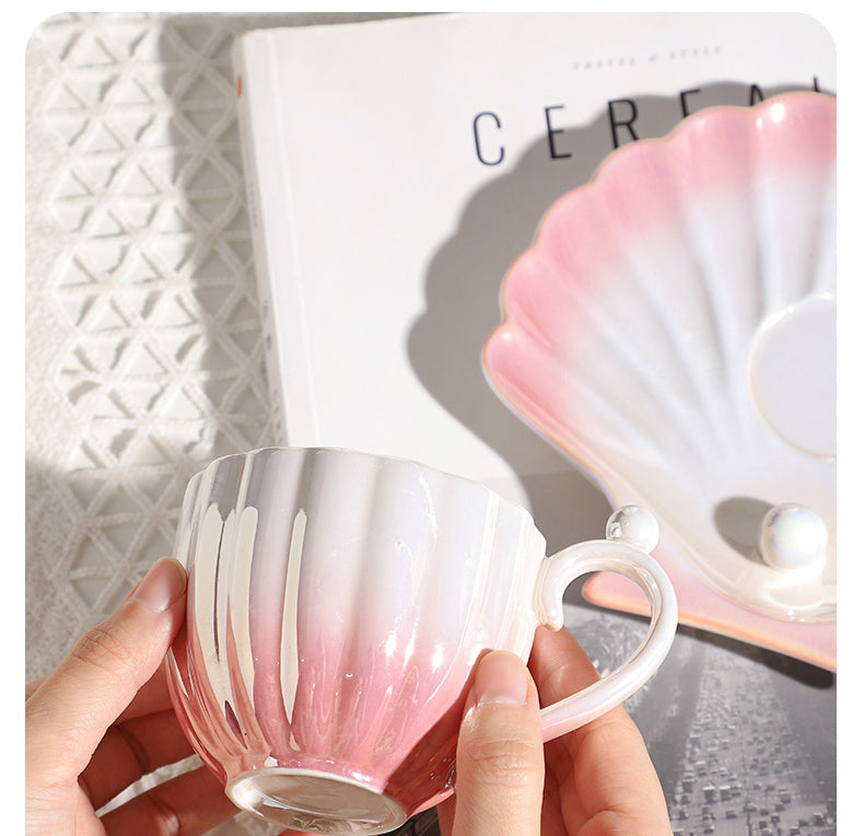 Pearl Shell Ceramic Exquisite Coffee Cup and Saucer Set for Afternoon Tea Cup 240ML