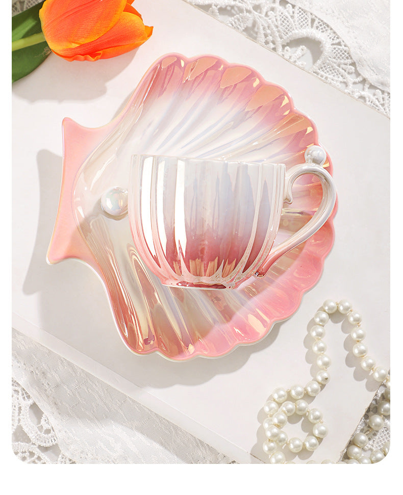 Pearl Shell Ceramic Exquisite Coffee Cup and Saucer Set for Afternoon Tea Cup 240ML
