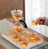 RORA glass gaiwan tea set with seven cups and teapot on a wooden table