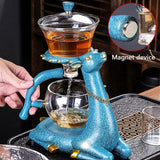RORA turquoise deer tea set on a dark tray, close-up inset of the magnet device