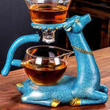 Close-up of RORA teal deer magnetic tea stand with glass infuser and pitcher