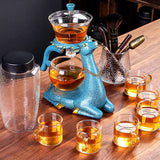 RORA blue deer tea set with six glass cups, tea jar and tools on a wooden table