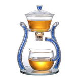 RORA magnetic glass tea set with blue crystal-filled stand, brewing bowl and pitcher on white background