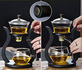 RORA magnetic glass tea set two-stage demo with magnet handle close-up inset