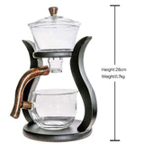 RORA glass tea brewing set with height and weight dimension labels on a white background