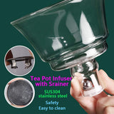 RORA glass teapot infuser with SUS304 stainless steel strainer and ball valve close-ups