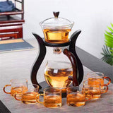 RORA automatic glass tea set with wooden-knob brewer, black stand, pitcher and six cups