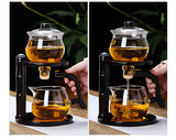 RORA semi-automatic magnetic tea maker shown in two brewing stages, hand pouring