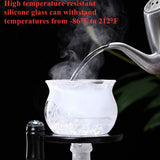 RORA glass tea maker cold-heat test with ice cubes and hot water pour, temperature-resistant text
