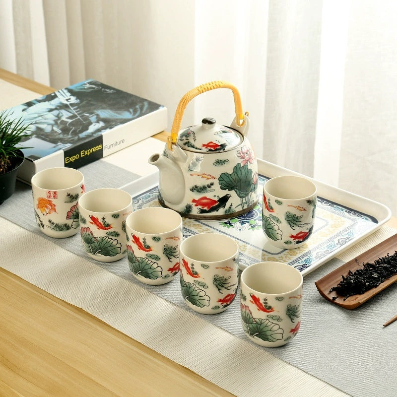 Ceramic Tea Set with 1 Teapot & 7 Cups, Lotus Koi Fish Pattern Chinese Style Teaware Cups for Home, Office, Gifting